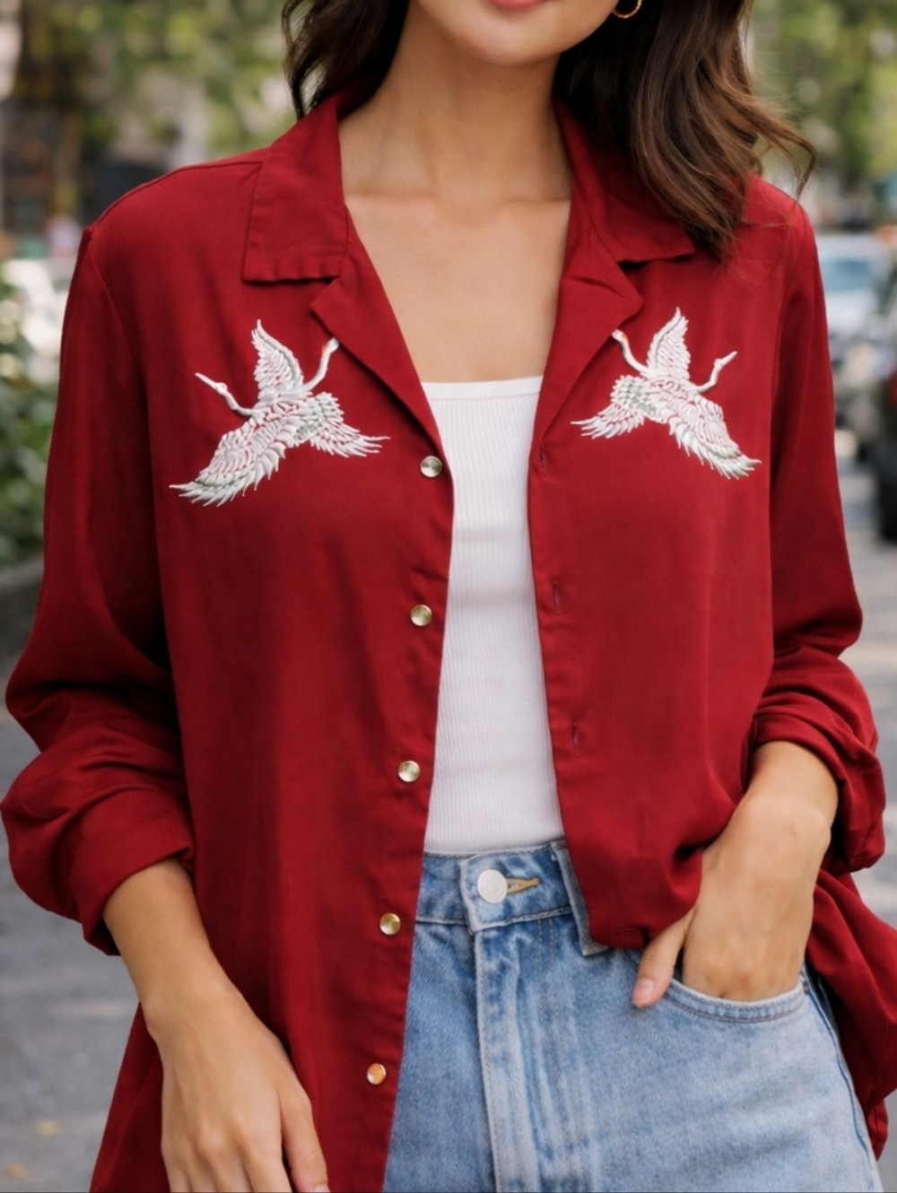ASOS Red Embroidered Button-Down Shirt Satin Feel Crane Detail Statement Blouse